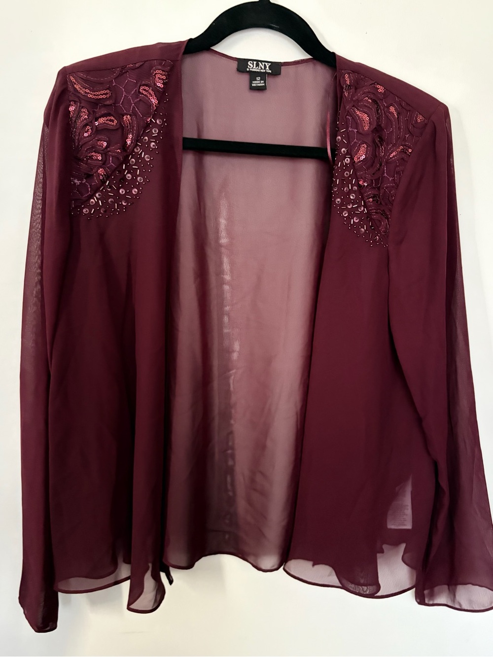 SLNY Wine Sheer Embellished Open Cardigan - 12